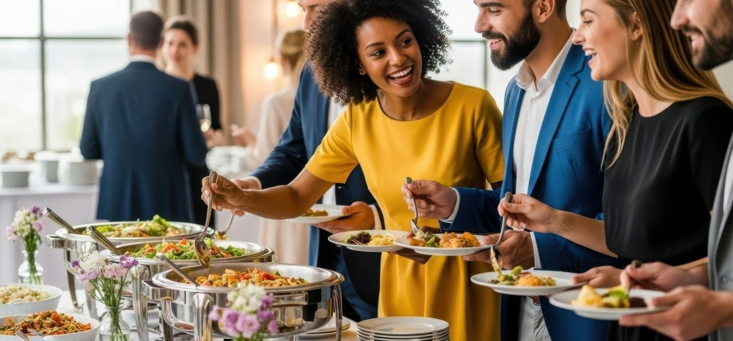 Catering Buffet an dem sich Gäste bedienen - JOMOsoft & Bp Event im Einsatz