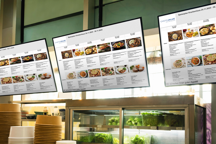 Monitor mit Ausweisung der Speisepläne in einer Kantine